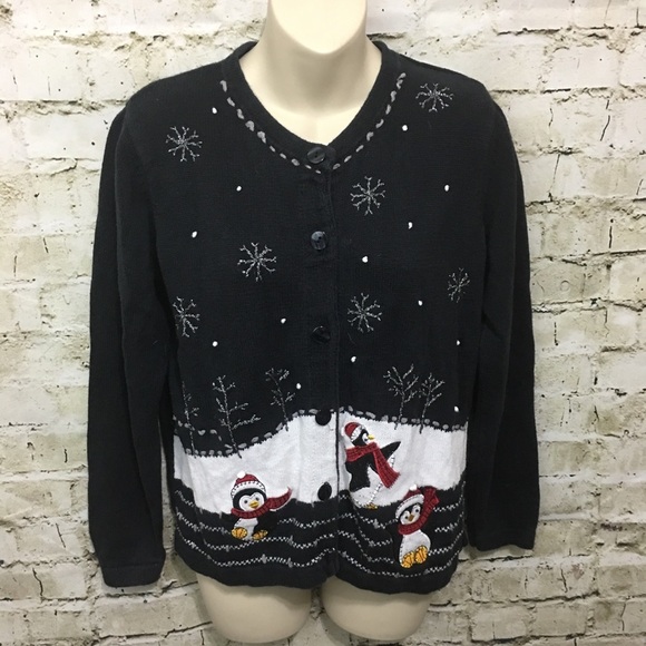 White Stag Penguin Christmas Cardigan Sweater - Picture 1 of 4